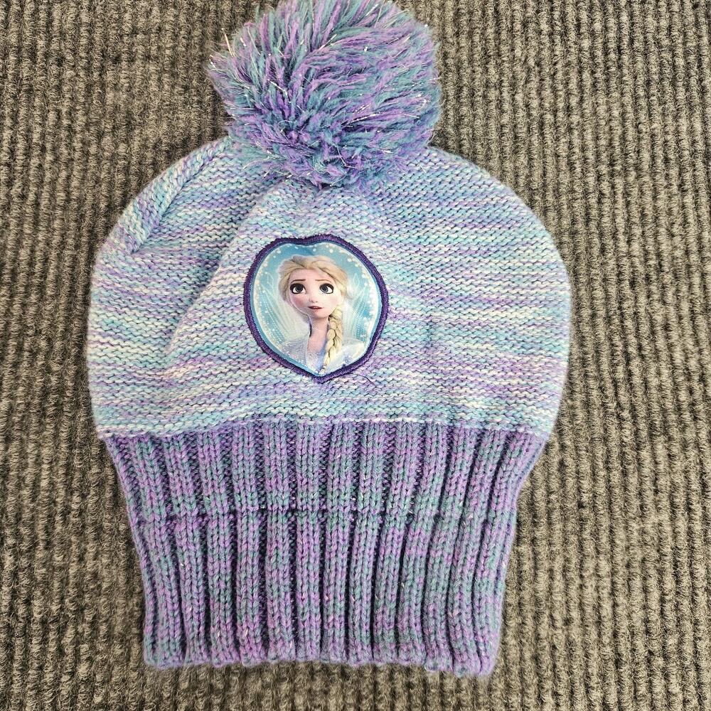 Disney Frozen Elsa Hat Beanie Fitted Girls One Size Purple Winter‎ Pom Knit